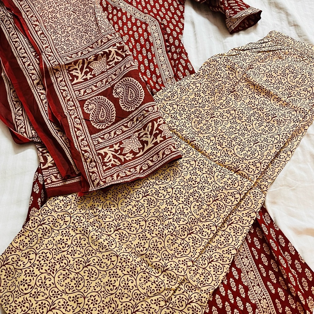 Indo Era Maroon & Beige Printed Anghrakha Kurta with Plazzos & Dupatta - Picture 5 of 14